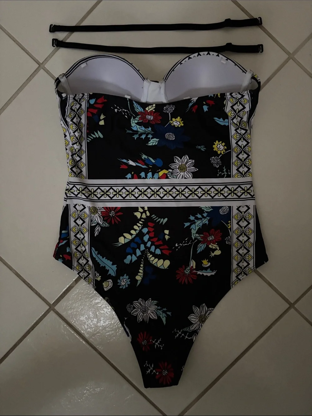 SHEIN Black Floral One-Piece Swimsuit with Contrast Trim